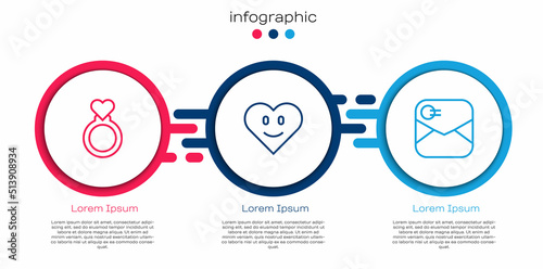 Set line Wedding rings, Heart and Envelope with Valentine heart. Business infographic template. Vector