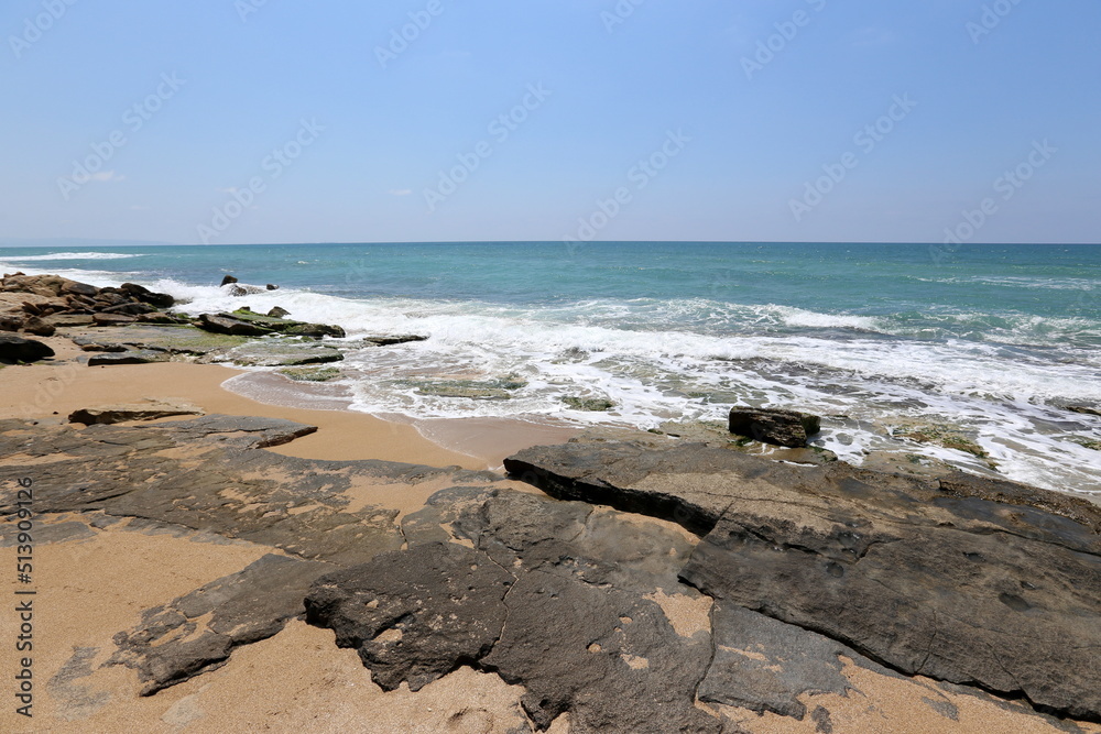 Rocky shore of the Mediterranean Sea in northern Israel.