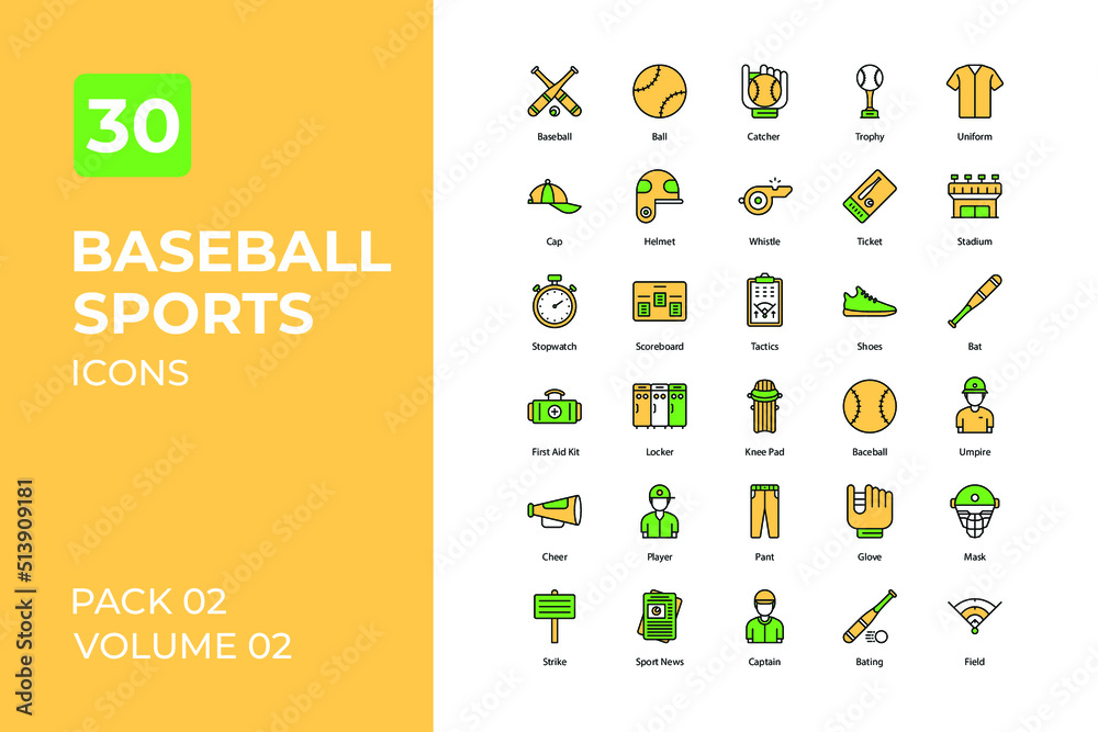 Fototapeta Baseball sports set in two tone color version. Flaticon collection set.