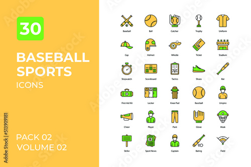 Baseball sports set in two tone color version. Flaticon collection set.