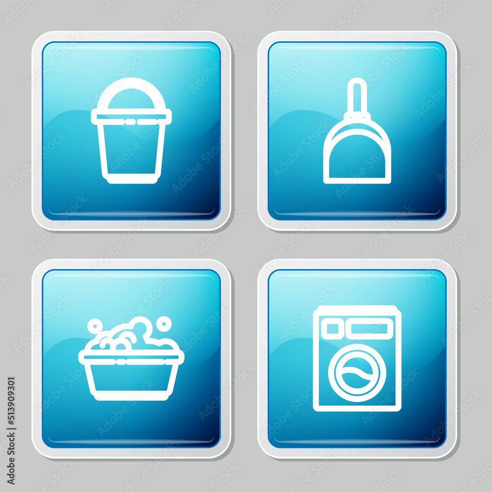 Set line Bucket, Dustpan, Plastic basin with soap suds and Washer icon. Vector
