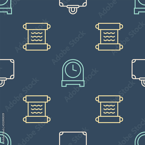 Set line Suitcase, Papyrus scroll and Antique clock on seamless pattern. Vector