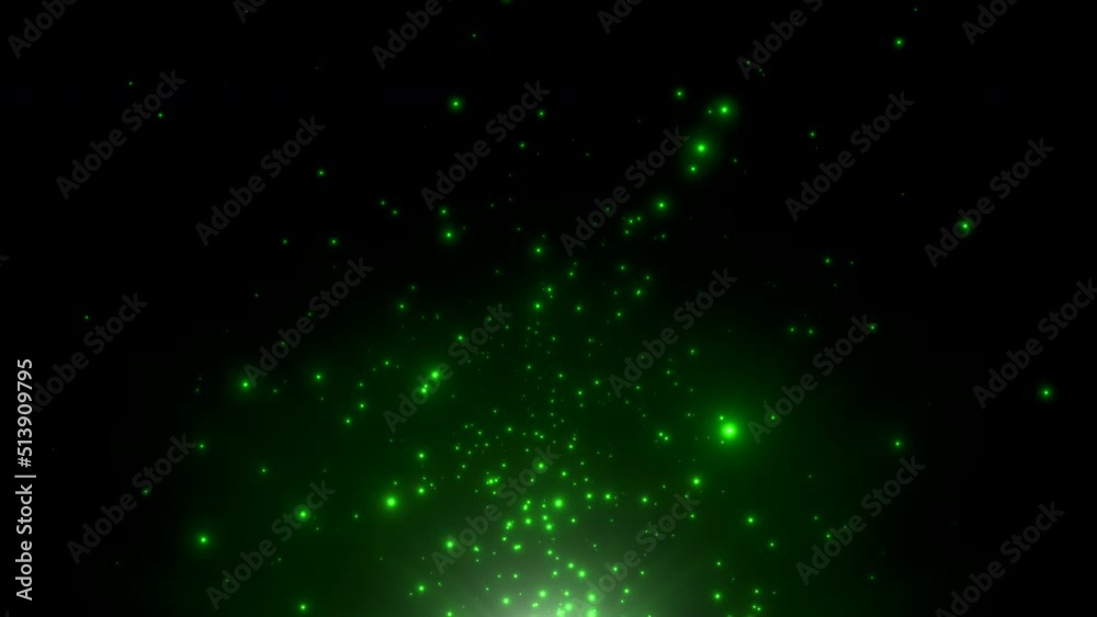 Fly green stars and glitters in dark starry galaxy, motion abstract cinematic, cosmos and holiday style