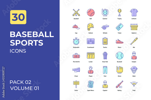 Baseball sports set in two tone color version. Flaticon collection set.