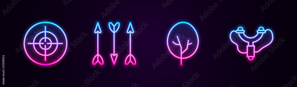 Set line Target sport, Hipster arrows, Tree and Slingshot. Glowing neon icon. Vector Set line Target sport, Hipster arrows, Tree and Slingshot. Glowing neon icon. Vector