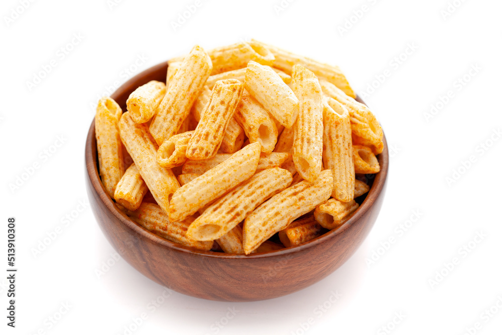 Close up of Cheese Puff Snacks cream color, Popular Ready to eat crunchy and puffed snacks cheesy salty pale-yellow color