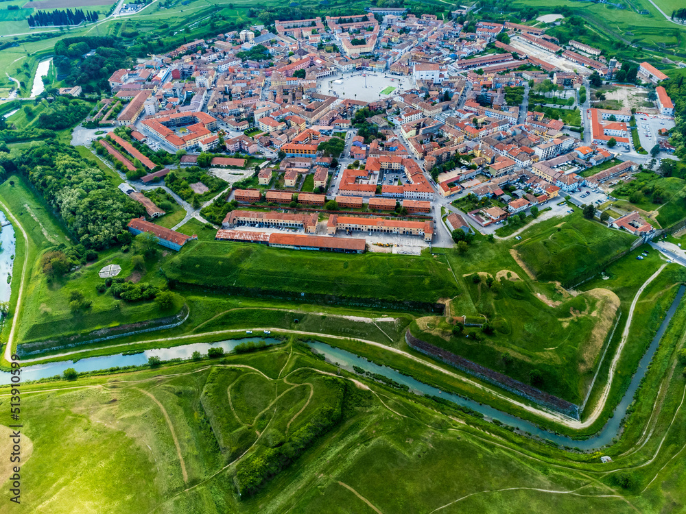 Bird's-eye view of the Renaissance city of Palmanova. Friuli.