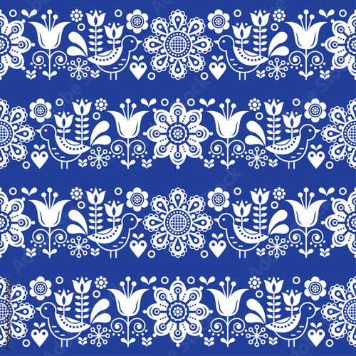 Scandinavian seamless vector pattern with flowers and birds, Nordic folk art repetitive ornament in white on navy blue 