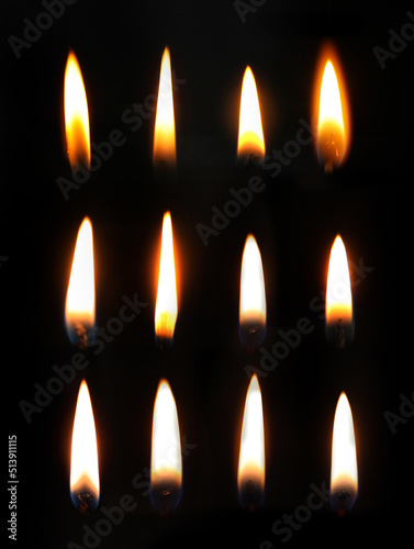 Collection of different candle flames on black background