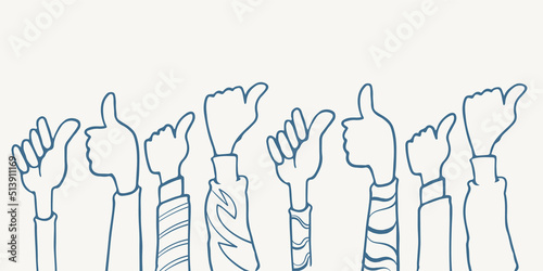 hand drawn eight hands thumb up clapping ovation illustration sketch isolated on white background with different clothes.