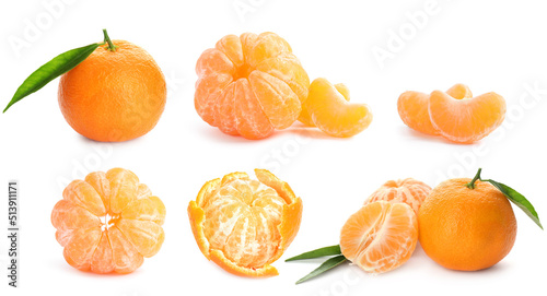 Set with tasty ripe tangerines on white background