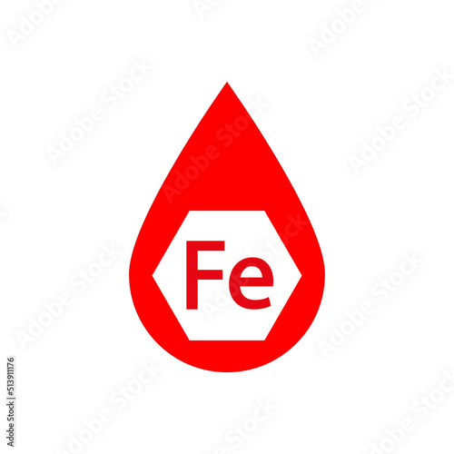 Mineral vitamin Fe iron and a red drop of blood. Simple minimal logo and icon design. Isolated vector illustration on white background. 