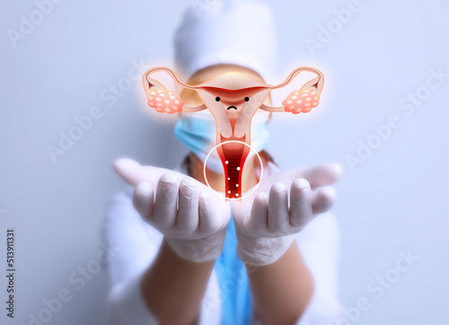 Cuadro en lienzo Doctor demonstrating virtual image of infected female reproductive system on light background, closeup
