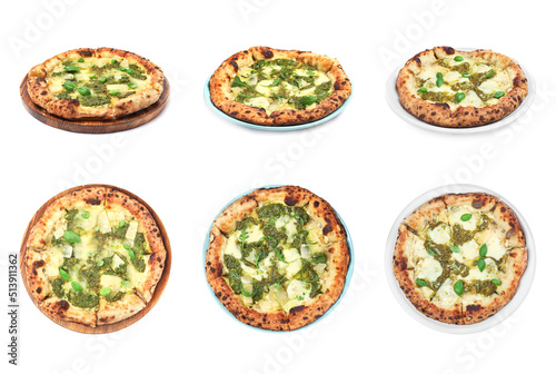Set of delicious pizzas with pesto and cheese on white background