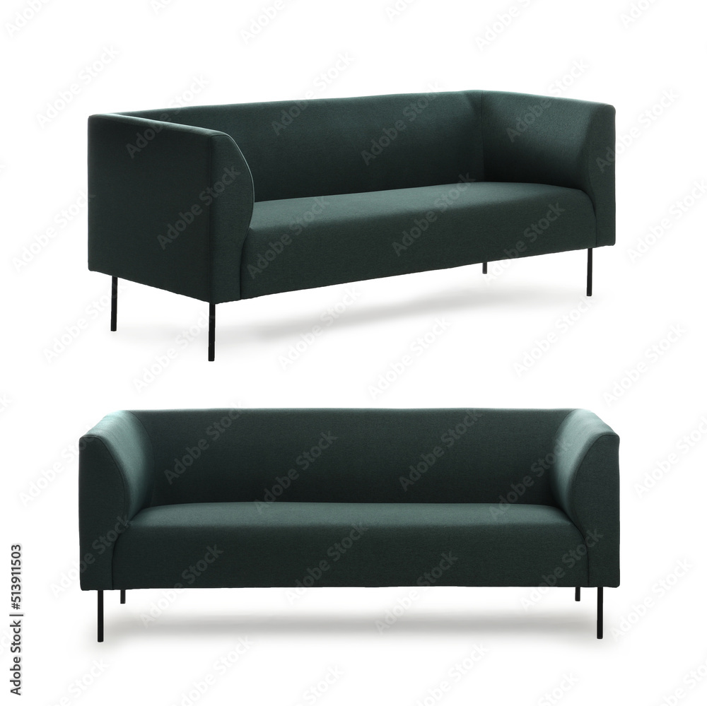 Stylish comfortable green sofas on white background, collage