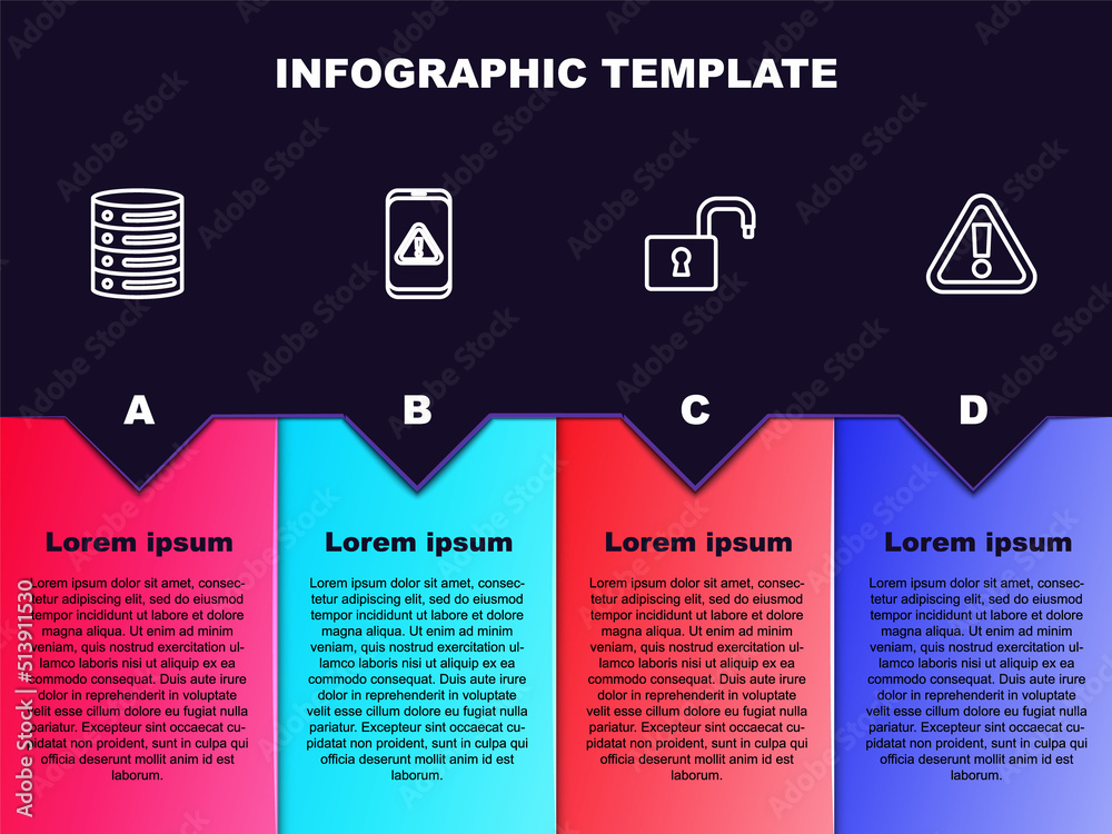 Set line Server, Data, Web Hosting, Mobile with exclamation mark, Open padlock and Exclamation triangle. Business infographic template. Vector Set line Server, Data, Web Hosting, Mobile with exclamation mark, Open padlock and Exclamation triangle. Business infographic template. Vector