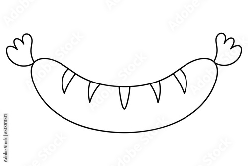 Sausage. Fried sausage with cuts. Sketch. Vector illustration. Juicy barbecue sausage. Coloring book for children. Outline on isolated background. Doodle style. Idea for web design.