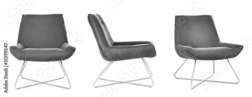 Set with comfortable grey chairs on white background. Banner design