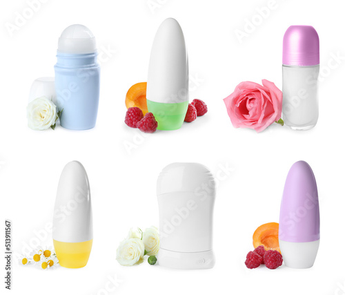 Set of different deodorants with ingredients on white background