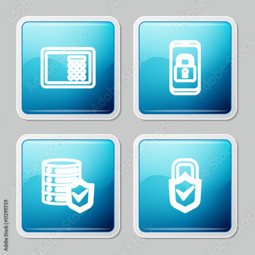 Set line Safe, Mobile with closed padlock, Server shield and Lock and check mark icon. Vector