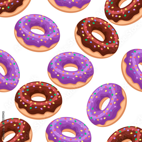 Seamless pattern of chocolate and purple donuts on a white background.Vector illustration of a pastry dessert.It can be used in the menus of bakeries,restaurants,cafes,textiles, postcards.