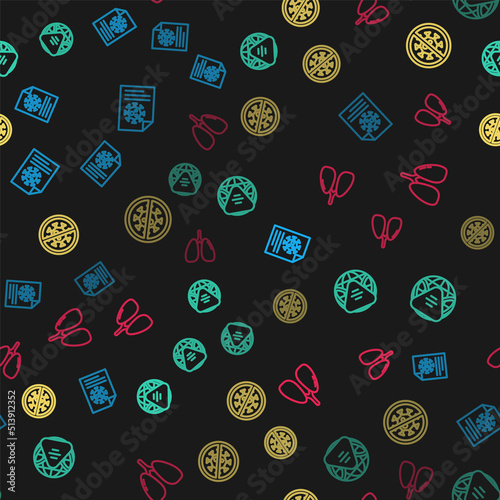 Set line Clipboard with blood test results, Earth medical mask, Stop virus and Lungs on seamless pattern. Vector
