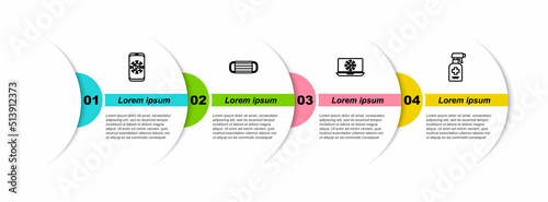 Set line Virus statistics on mobile, Medical protective mask, laptop and Liquid antibacterial soap. Business infographic template. Vector