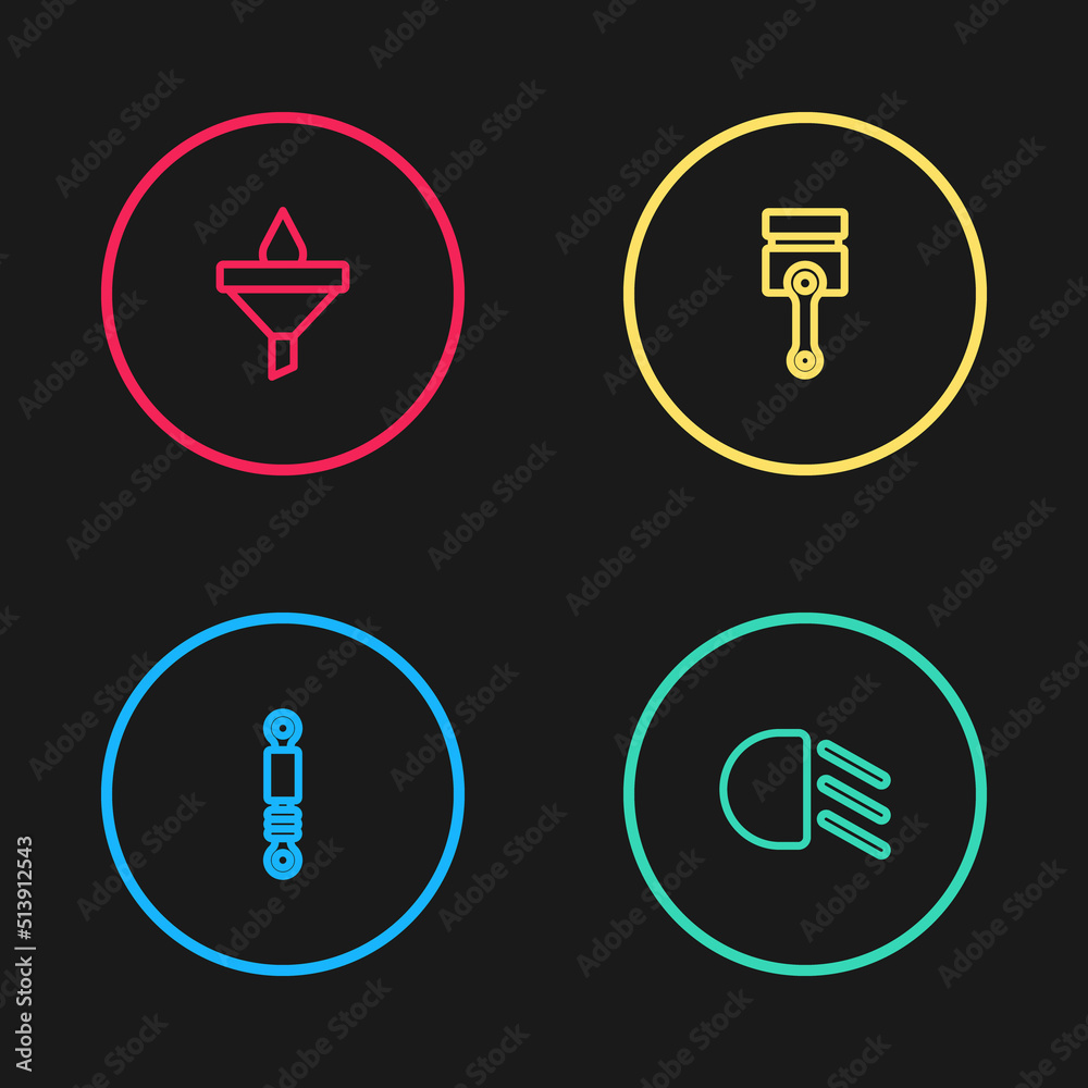 Set line Shock absorber, High beam, Engine piston and Funnel and oil drop icon. Vector Set line Shock absorber, High beam, Engine piston and Funnel and oil drop icon. Vector