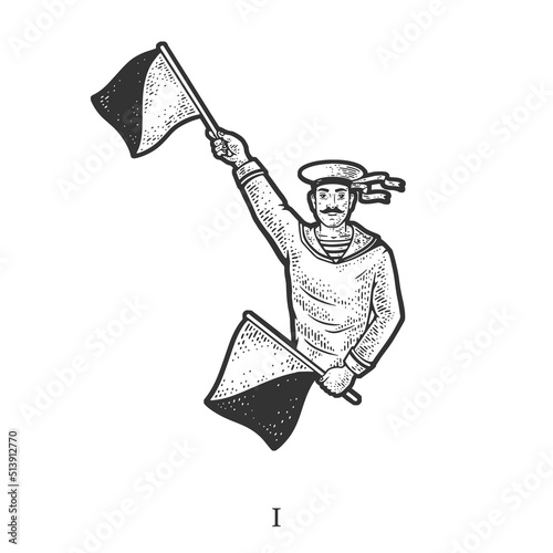 Sailor mariner show flag semaphore alphabet letter I sketch engraving vector illustration. T-shirt apparel print design. Scratch board imitation. Black and white hand drawn image.