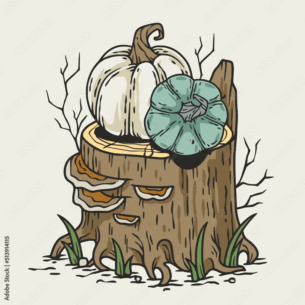 Autumn halloween pumpkin and stump. October composition for postcard or poster Autumn halloween pumpkin and stump. October composition for postcard or poster
