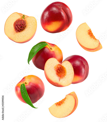 Nectarine with green leaf and slices isolated on white background. clipping path