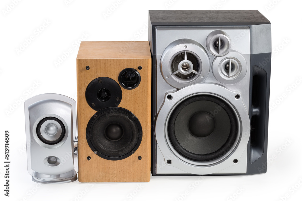 Three different home loudspeaker systems on a white background Three different home loudspeaker systems on a white background