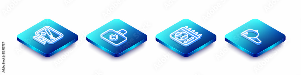 Set Isometric line Monitor with baseball game, First aid kit, Calendar and Baseball cap icon. Vector Set Isometric line Monitor with baseball game, First aid kit, Calendar and Baseball cap icon. Vector