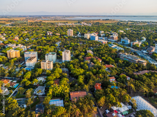 Sunrise in Lignano Sabbiadoro seen from above. From the sea to the lagoon, the city of holidays