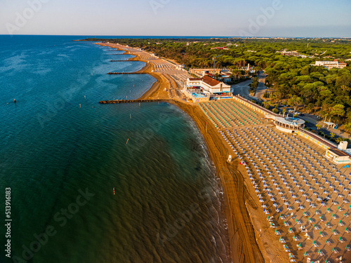 Sunrise in Lignano Sabbiadoro seen from above. From the sea to the lagoon, the city of holidays