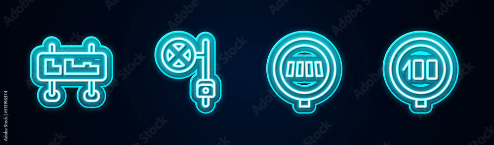 Set line Road traffic sign, Stop with camera, Pedestrian crosswalk and Speed limit. Glowing neon icon. Vector Set line Road traffic sign, Stop with camera, Pedestrian crosswalk and Speed limit. Glowing neon icon. Vector