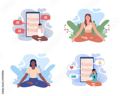 Mindfulness and internet addiction 2D vector isolated illustrations set. Flat characters on cartoon background. Colourful editable scenes for mobile, website, presentation pack. Bebas Neue font used