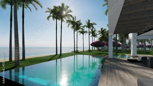 4K video rendering of modern cozy house with pool and parking for sale or rent in luxurious style by the sea or ocean. Sunny day by the coast with palm and flowers in tropical island Fly-walk