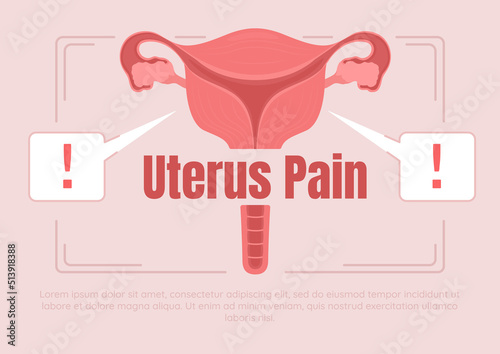 Uterus pain flat vector banner template. Gynecology examination. Women health poster, leaflet printable color designs. Editable flyer page with text space. Anton, Quicksand fonts used