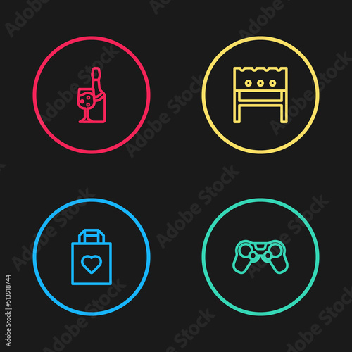 Set line Shopping bag with heart, Gamepad, BBQ brazier and Champagne bottle icon. Vector