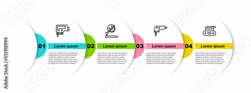 Set line Electric jigsaw, Table for woodwork, and planer tool. Business infographic template. Vector