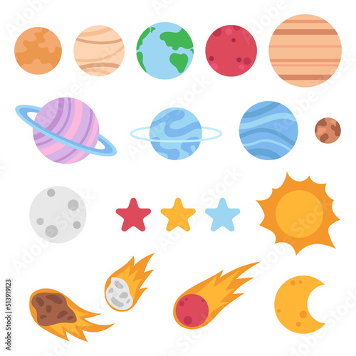 Flat vector solar system objects isolated on a white background. Planets, asteroids, comet, stars, sun and moon.