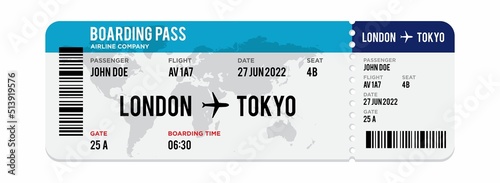 Blue and white Airplane ticket design. Realistic illustration of airplane ticket boarding pass with passenger name and destination. Concept of travel, journey or business trip. Isolated on white. photo
