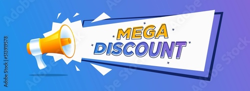 discount banner vector with megaphone. Banner announcing mega discount with half price reduction. Special offer with 50 percent off advertisement. Promotion poster template megaphone vector.
