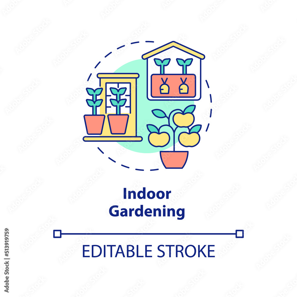 Indoor gardening concept icon. Growing plant at home. Greenhouse. Gardening type abstract idea thin line illustration. Isolated outline drawing. Editable stroke. Arial, Myriad Pro-Bold fonts used