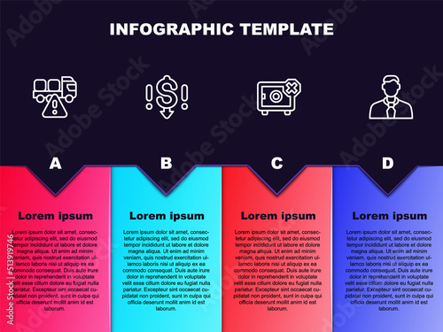 Set line Stop delivery cargo truck, Dollar rate decrease, Safe and Worker. Business infographic template. Vector