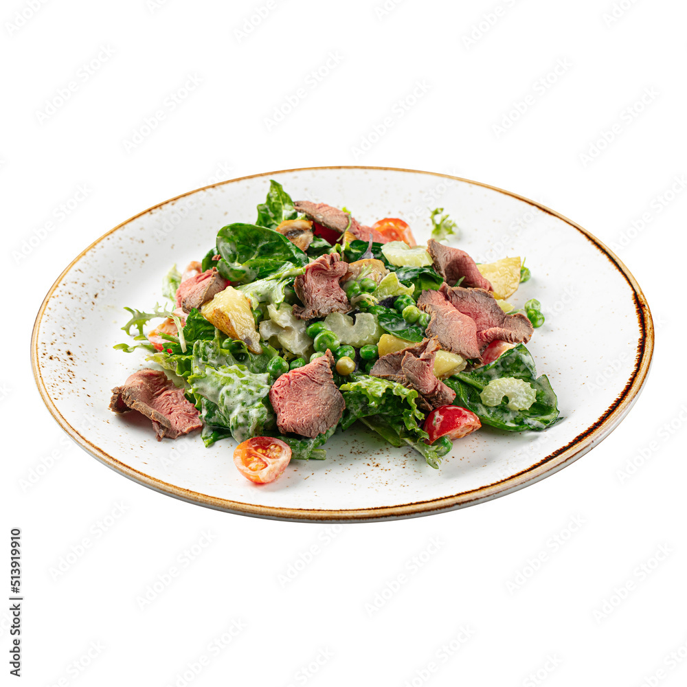 Isolated plate of green salad with veal and green peas Isolated plate of green salad with veal and green peas