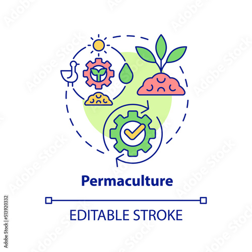 Permaculture concept icon. Sustainable ecosystem for plants. Gardening method abstract idea thin line illustration. Isolated outline drawing. Editable stroke. Arial, Myriad Pro-Bold fonts used