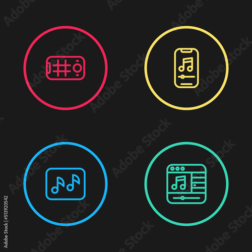 Set line Music note, tone, player, and Selfie mobile icon. Vector