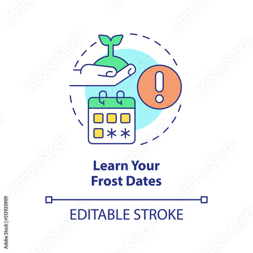 Learn your frost dates concept icon. Know season temperature. Gardening tip abstract idea thin line illustration. Isolated outline drawing. Editable stroke. Arial, Myriad Pro-Bold fonts used
